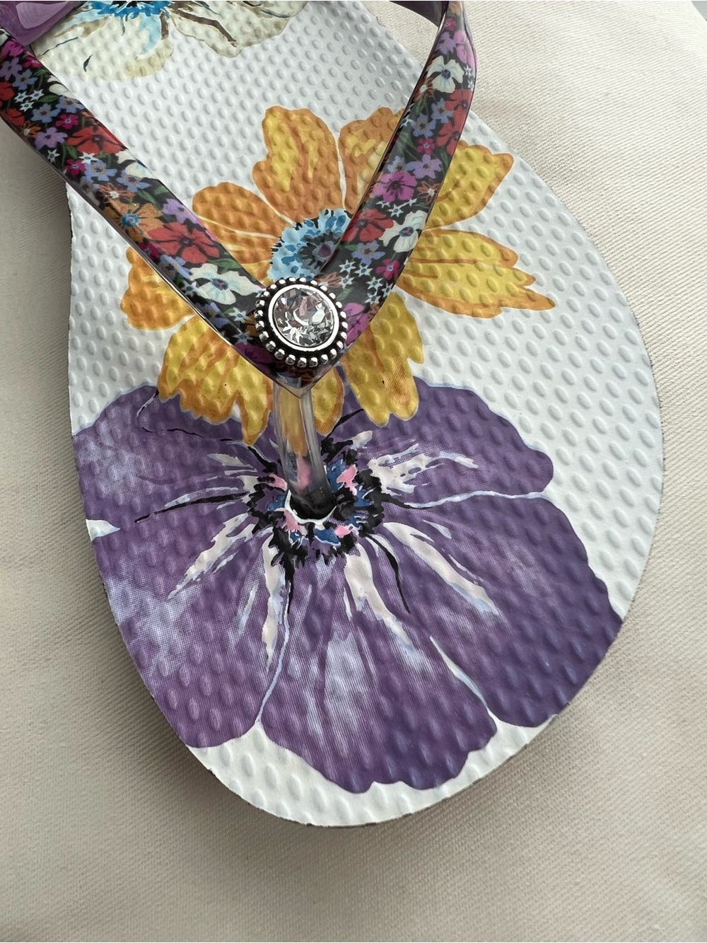 Brighton Floral Flip Flop Sandals in Purple, Yellow & Red - Picture 5 of 10